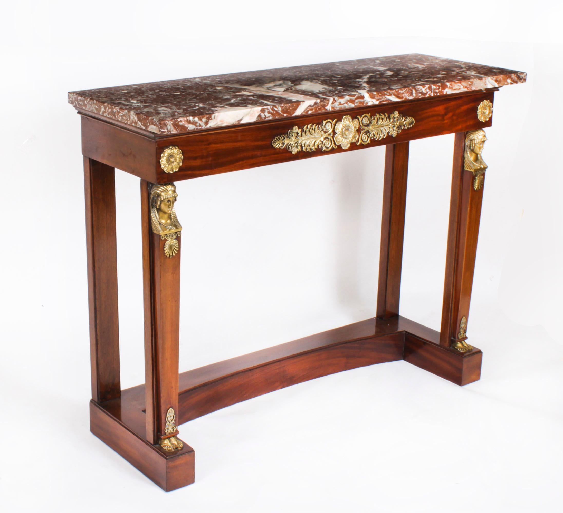 Antique Pair French Empire Ormolu Flame Mahogany Console Tables 19th Century For Sale 8