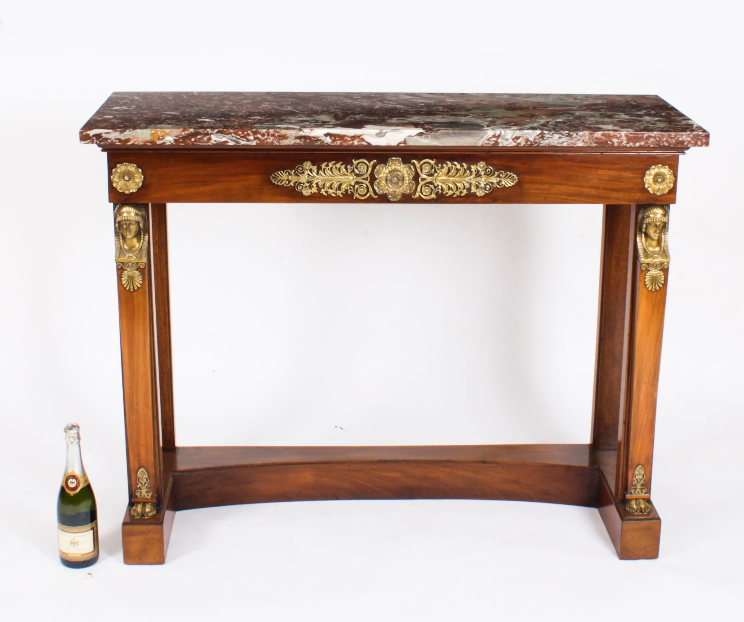 Antique Pair French Empire Ormolu Flame Mahogany Console Tables 19th Century For Sale 15