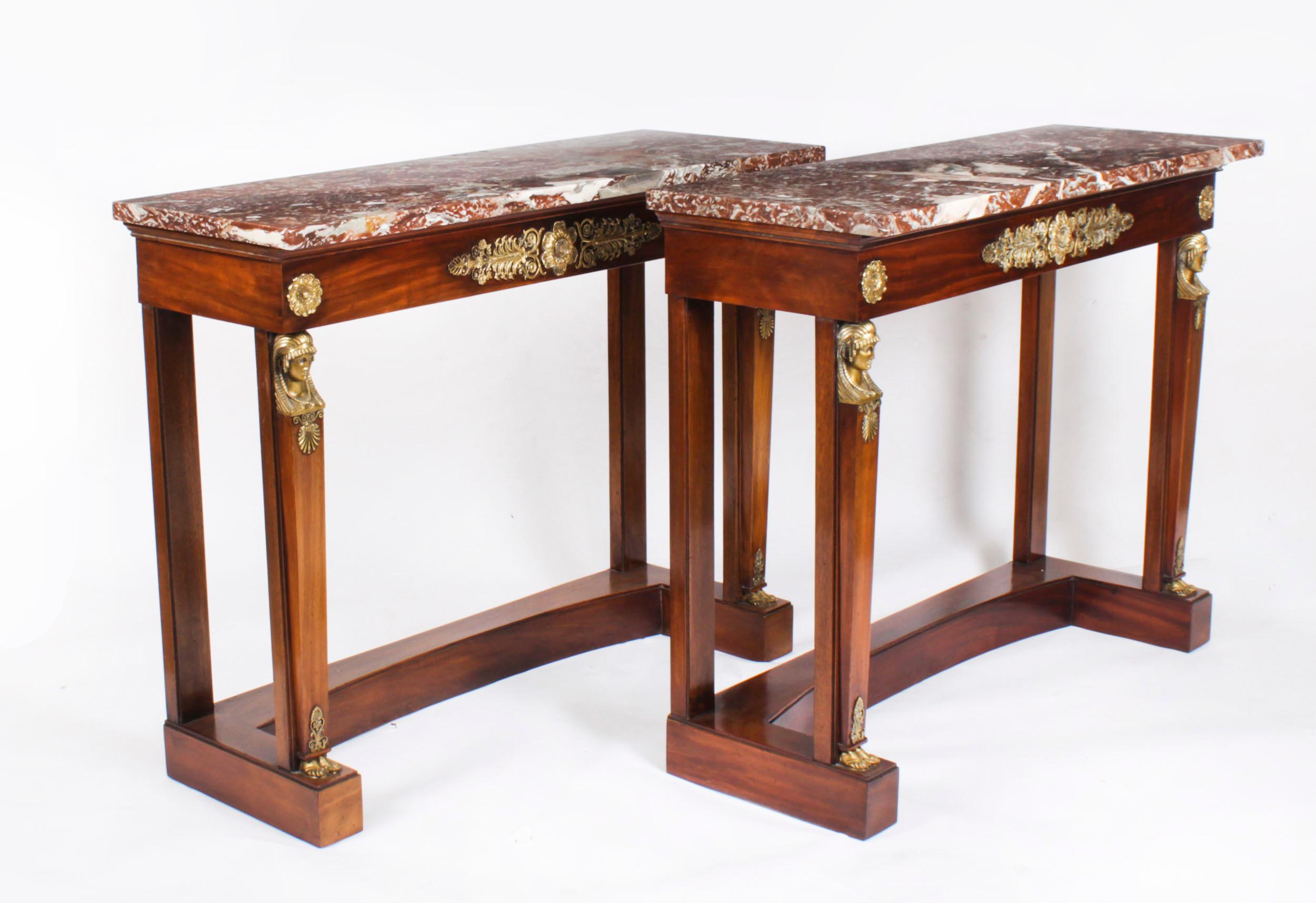 Antique Pair French Empire Ormolu Flame Mahogany Console Tables 19th Century For Sale 16