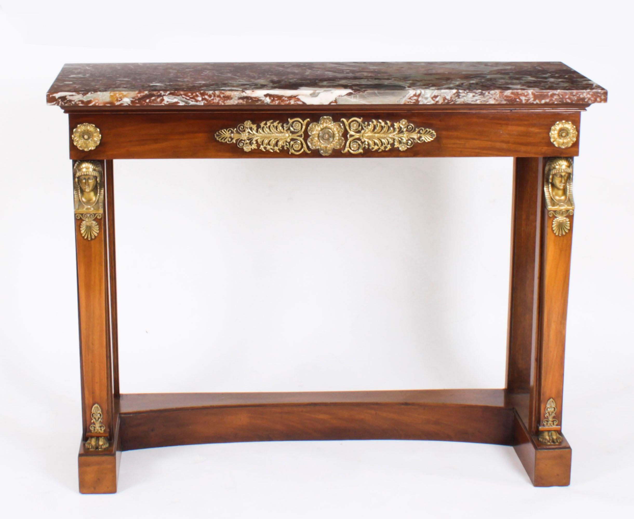 Antique Pair French Empire Ormolu Flame Mahogany Console Tables 19th Century In Good Condition For Sale In London, GB