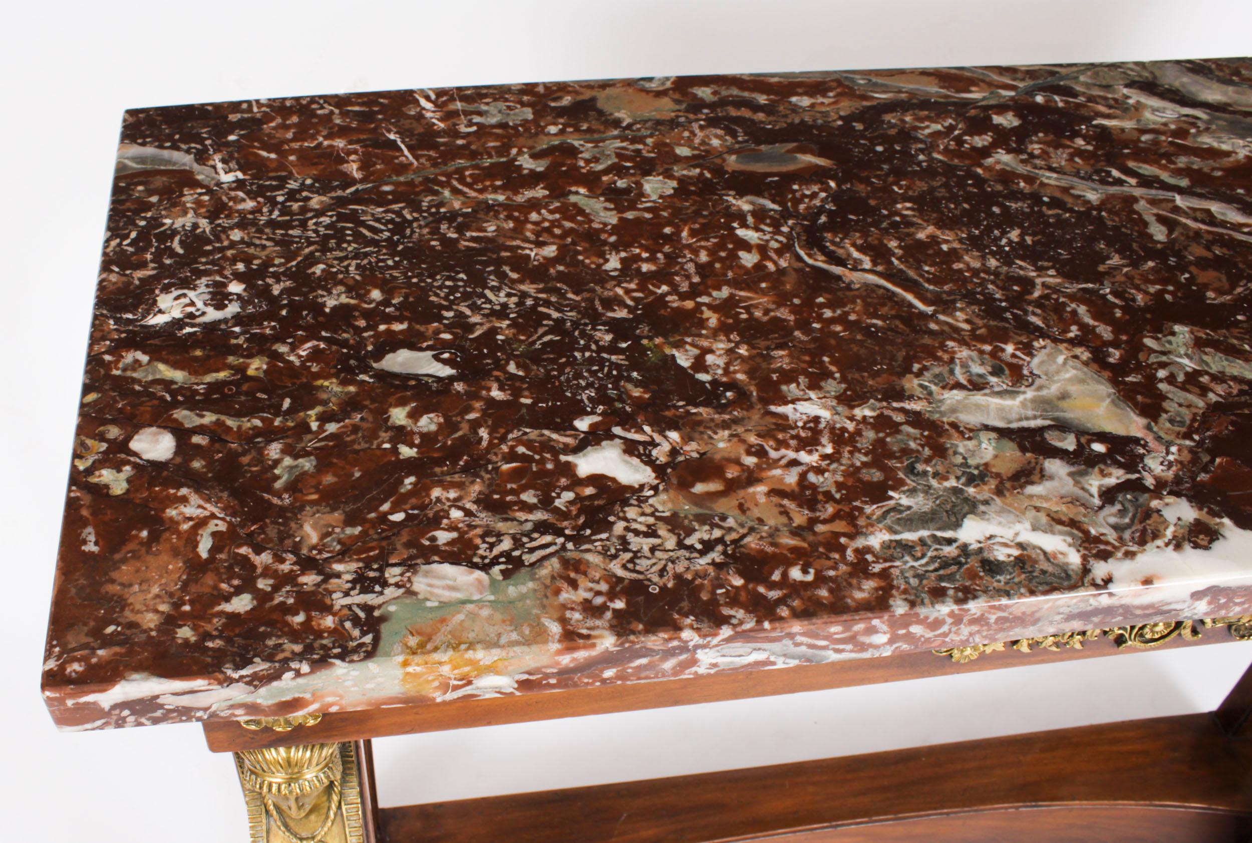 Mid-19th Century Antique Pair French Empire Ormolu Flame Mahogany Console Tables 19th Century For Sale