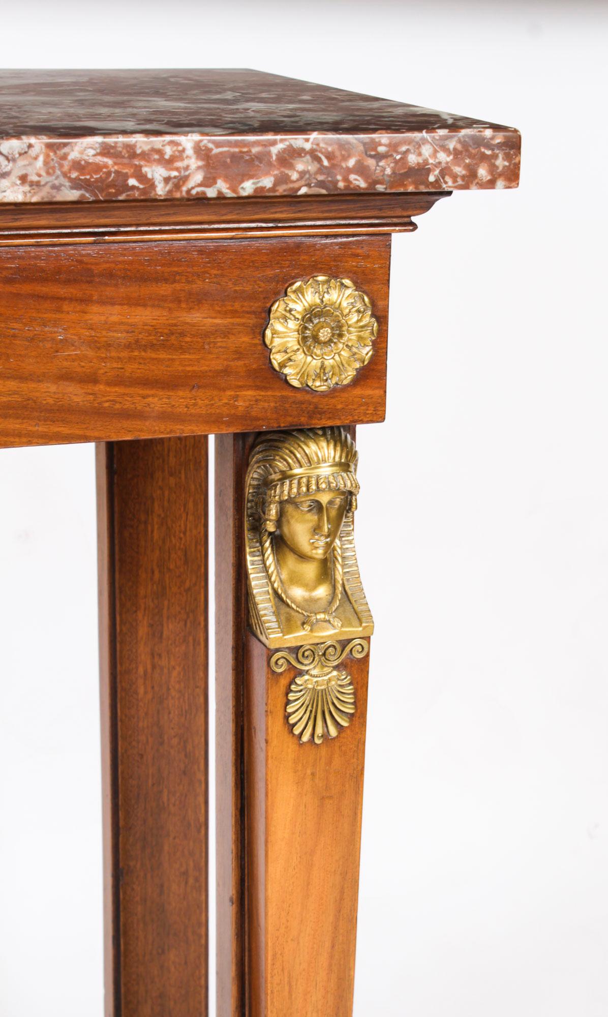 Antique Pair French Empire Ormolu Flame Mahogany Console Tables 19th Century For Sale 4