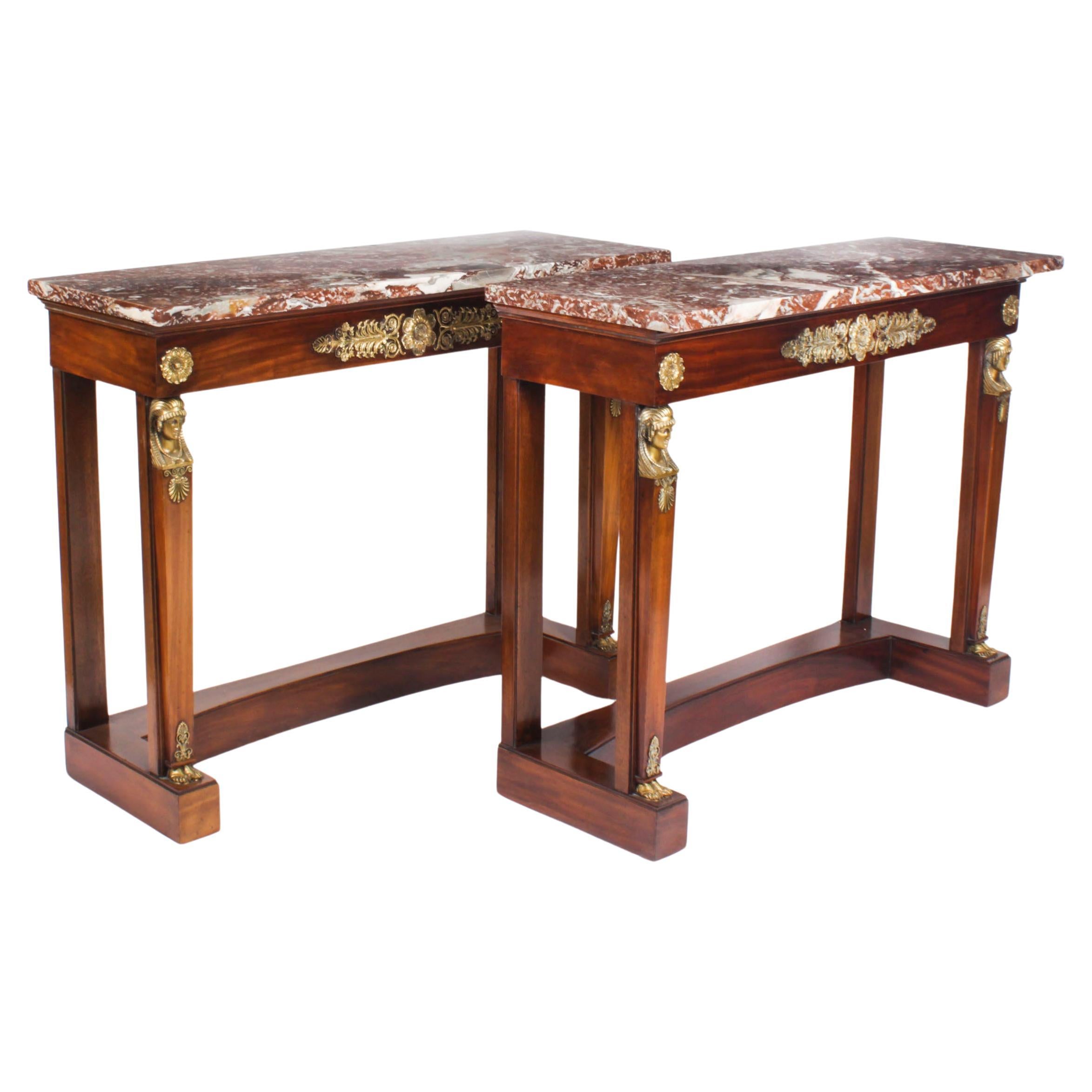 Antique Pair French Empire Ormolu Flame Mahogany Console Tables 19th Century