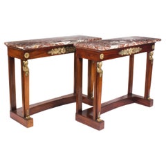 Antique French Pair Empire Ormolu Flame Mahogany Console Tables 19° secolo