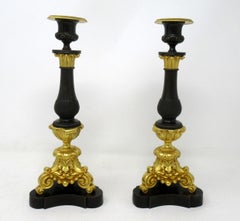 Antique Pair of French Empire Ormolu Patinated Bronze Dore Candlesticks Regency