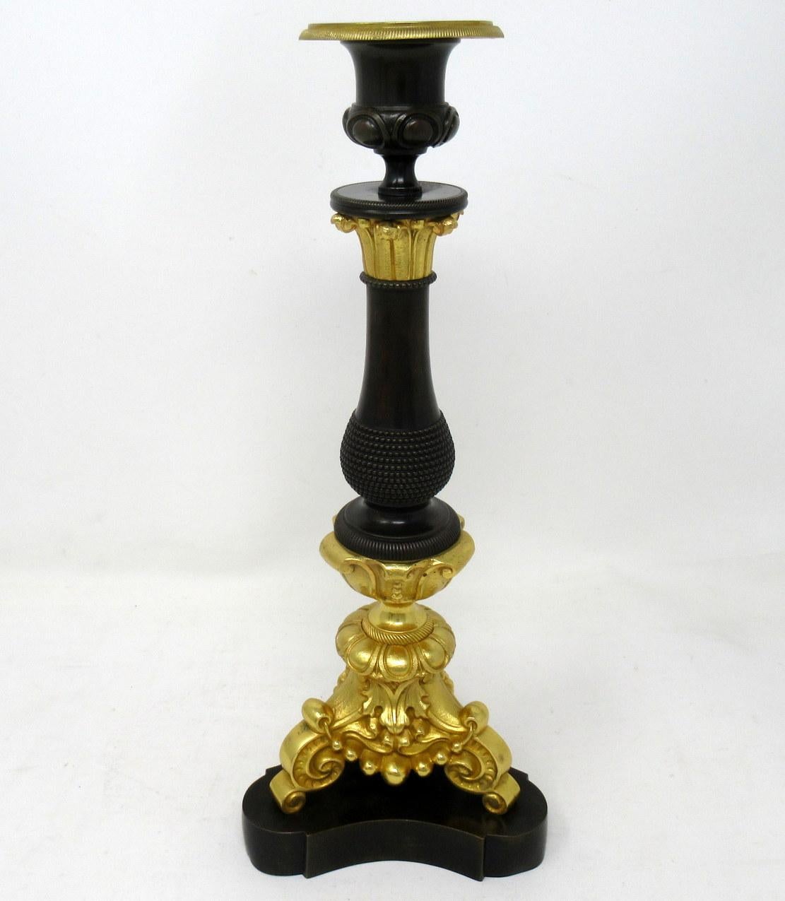 Antique Pair of French Empire Ormolu Patinated Bronze Dore Candlesticks Regency In Good Condition In Dublin, Ireland