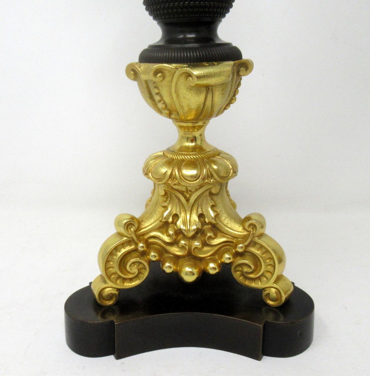 19th Century Antique Pair of French Empire Ormolu Patinated Bronze Dore Candlesticks Regency