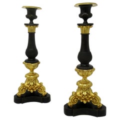 Antique Pair of French Empire Ormolu Patinated Bronze Dore Candlesticks Regency
