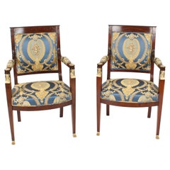 Antique Pair French Empire Revival Ormolu Mounted Armchairs 1870s 19th Century