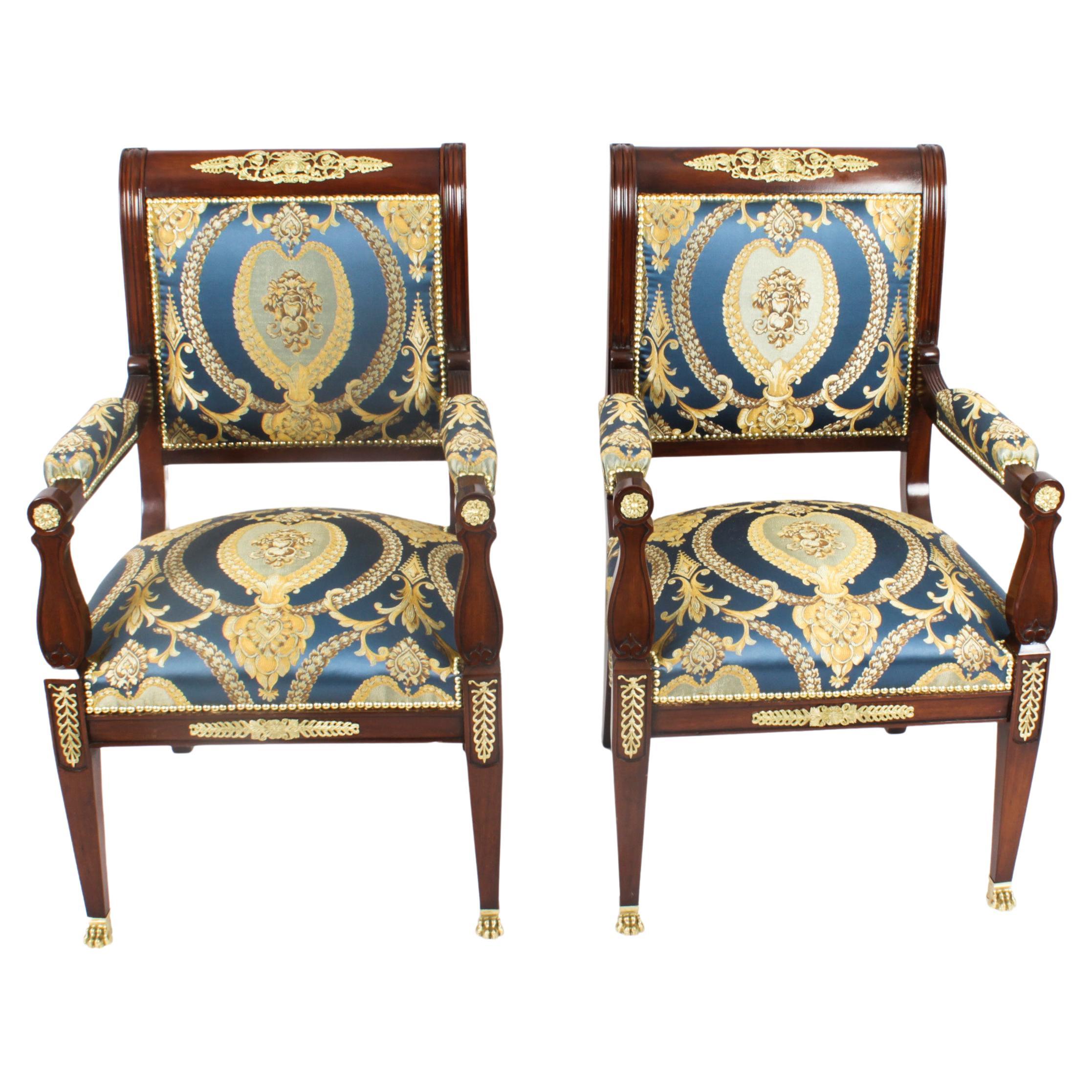 Antique Pair French Empire Revival Ormolu Mounted Armchairs 19th Century