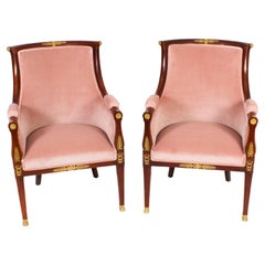 Antikes Paar französische Empire-Revival-Sessel mit Goldbronze-Montierung, 19. Jahrhundert