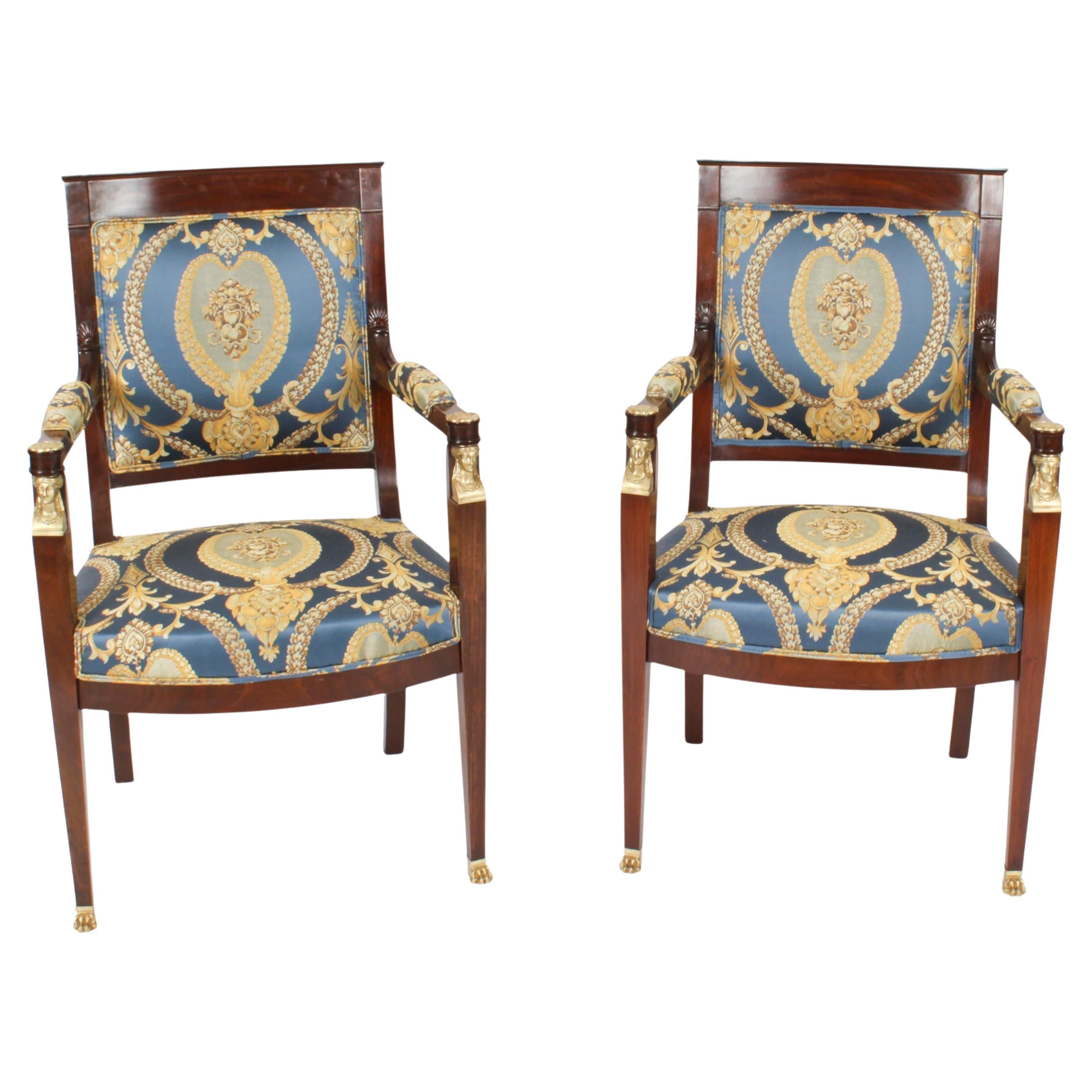 Antique Pair French Empire Revival Ormolu Mounted Armchairs 19th Century