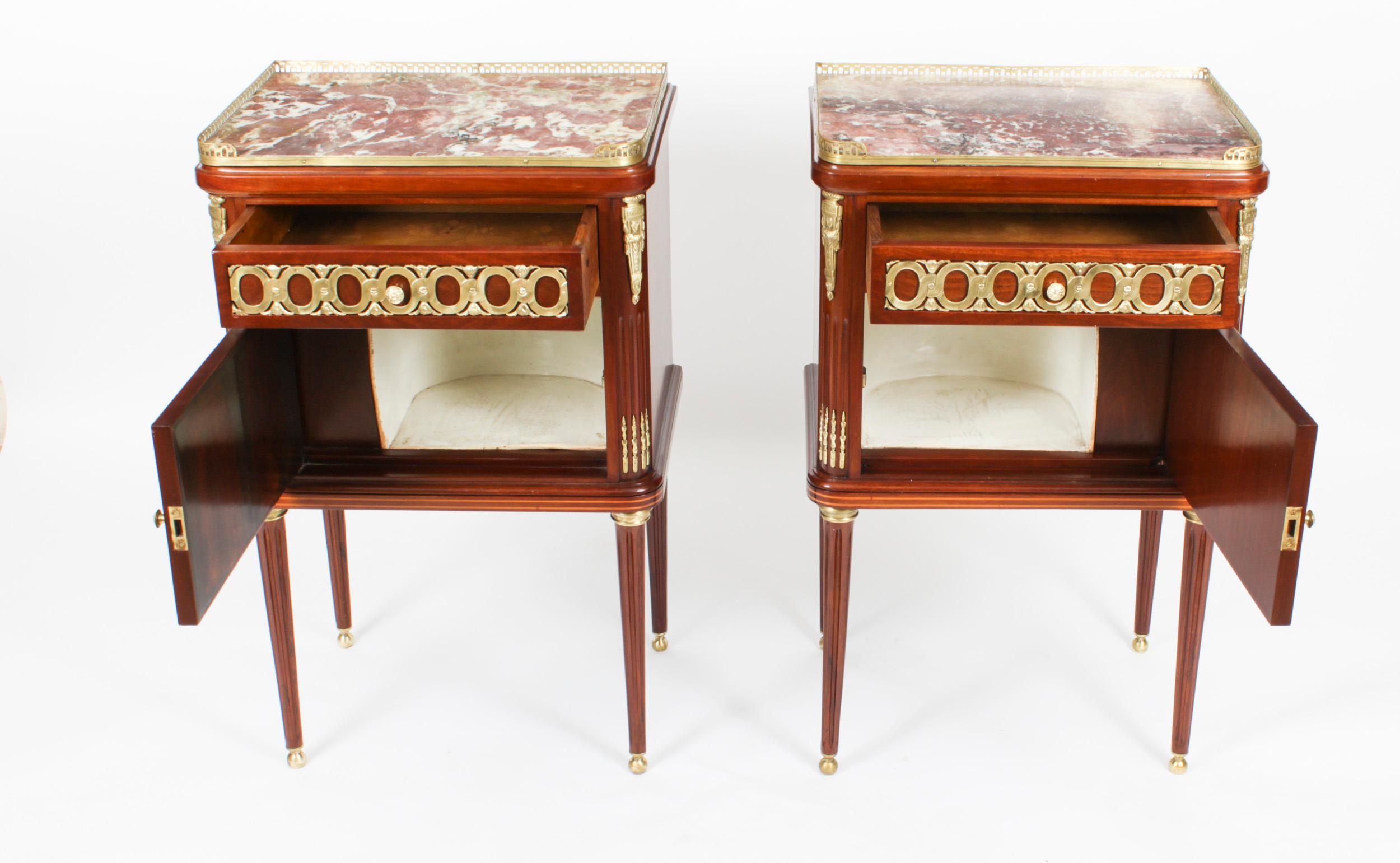 Parquetry Antique Pair French Empire Style Bedside Cabinets 19th Century For Sale
