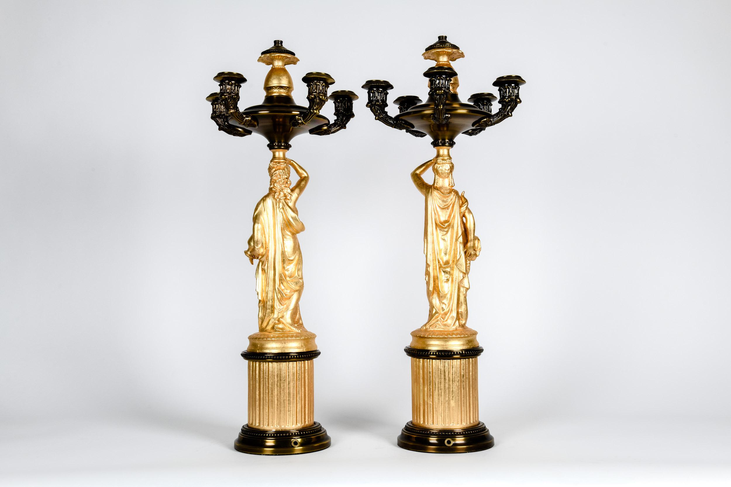 Antique Pair French Five Arms Bronze / Porcelain Candelabras In Excellent Condition In Tarry Town, NY