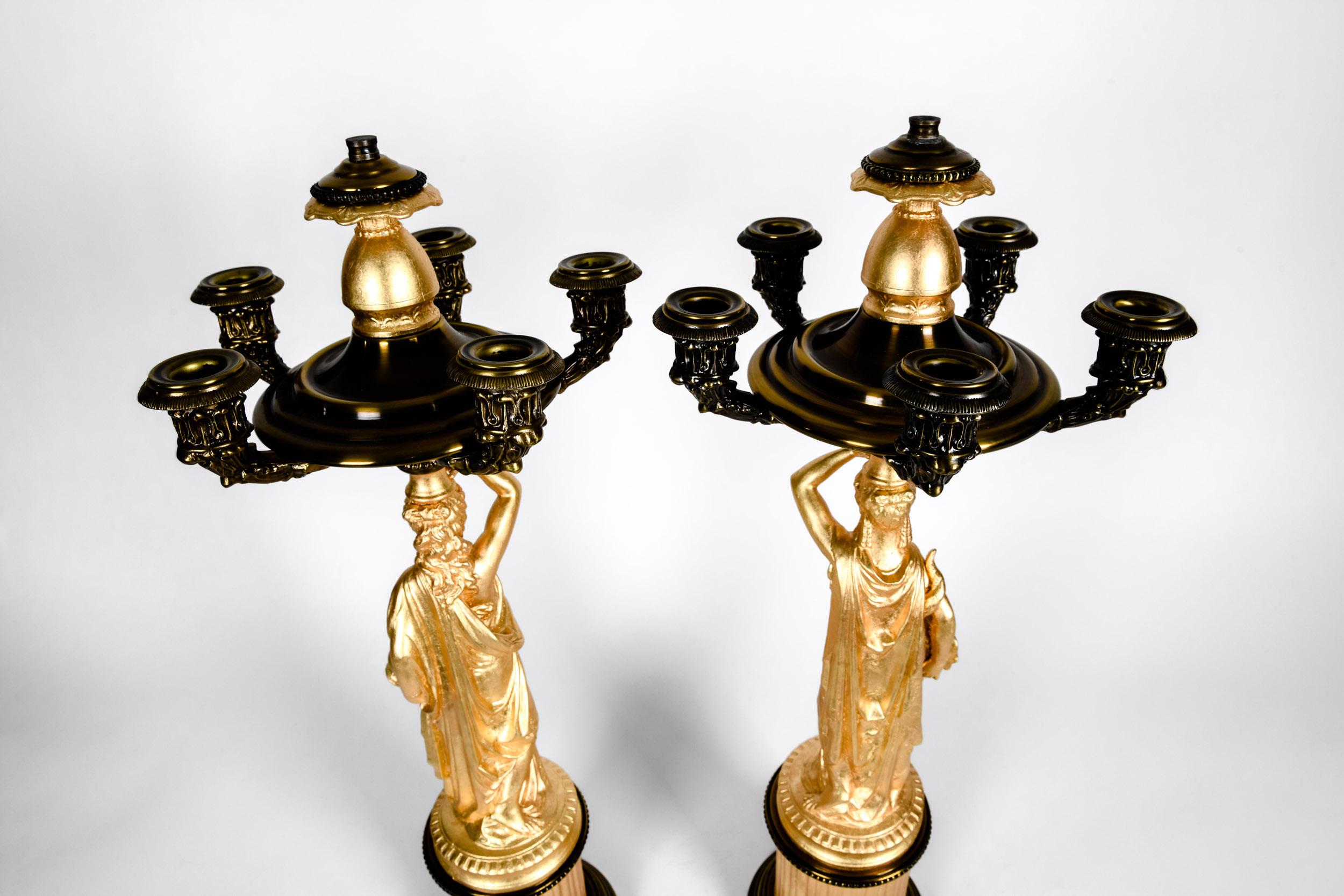Brass Antique Pair French Five Arms Bronze / Porcelain Candelabras