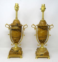 Pair of French Giallo Sienna Marble Gilt Bronze Ormolu Electric Table Lamps