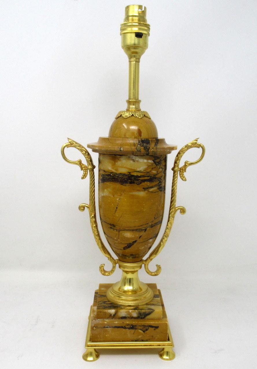 Early Victorian Pair of French Giallo Sienna Marble Gilt Bronze Ormolu Electric Table Lamps