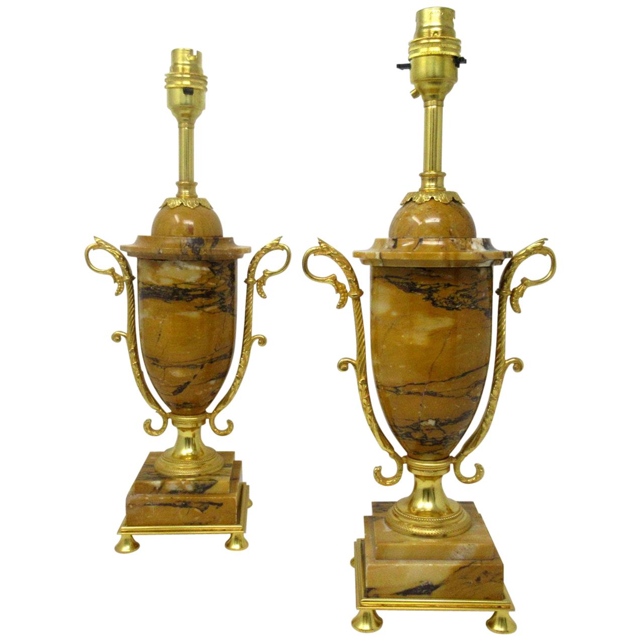 Pair of French Giallo Sienna Marble Gilt Bronze Ormolu Electric Table Lamps