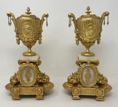 Antique Pair French Gilt Alabaster Cassolettes Urns Vases Candlesticks Mourey
