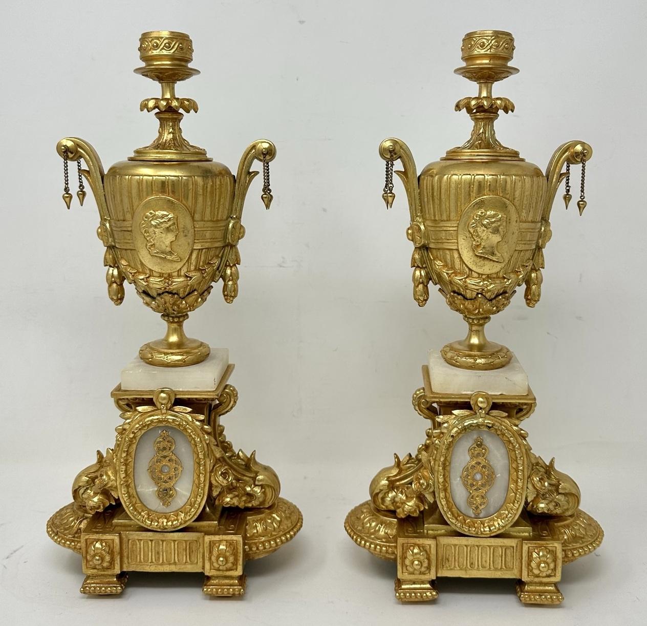 Victorian Antique Pair French Gilt Alabaster Cassolettes Urns Vases Candlesticks Mourey 