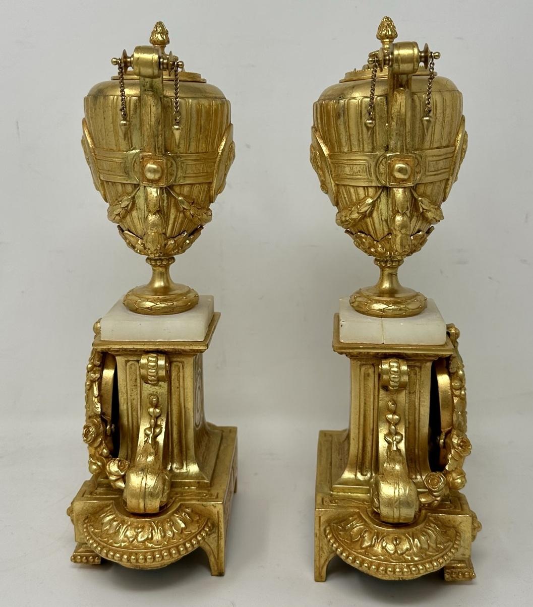 Cast Antique Pair French Gilt Alabaster Cassolettes Urns Vases Candlesticks Mourey 