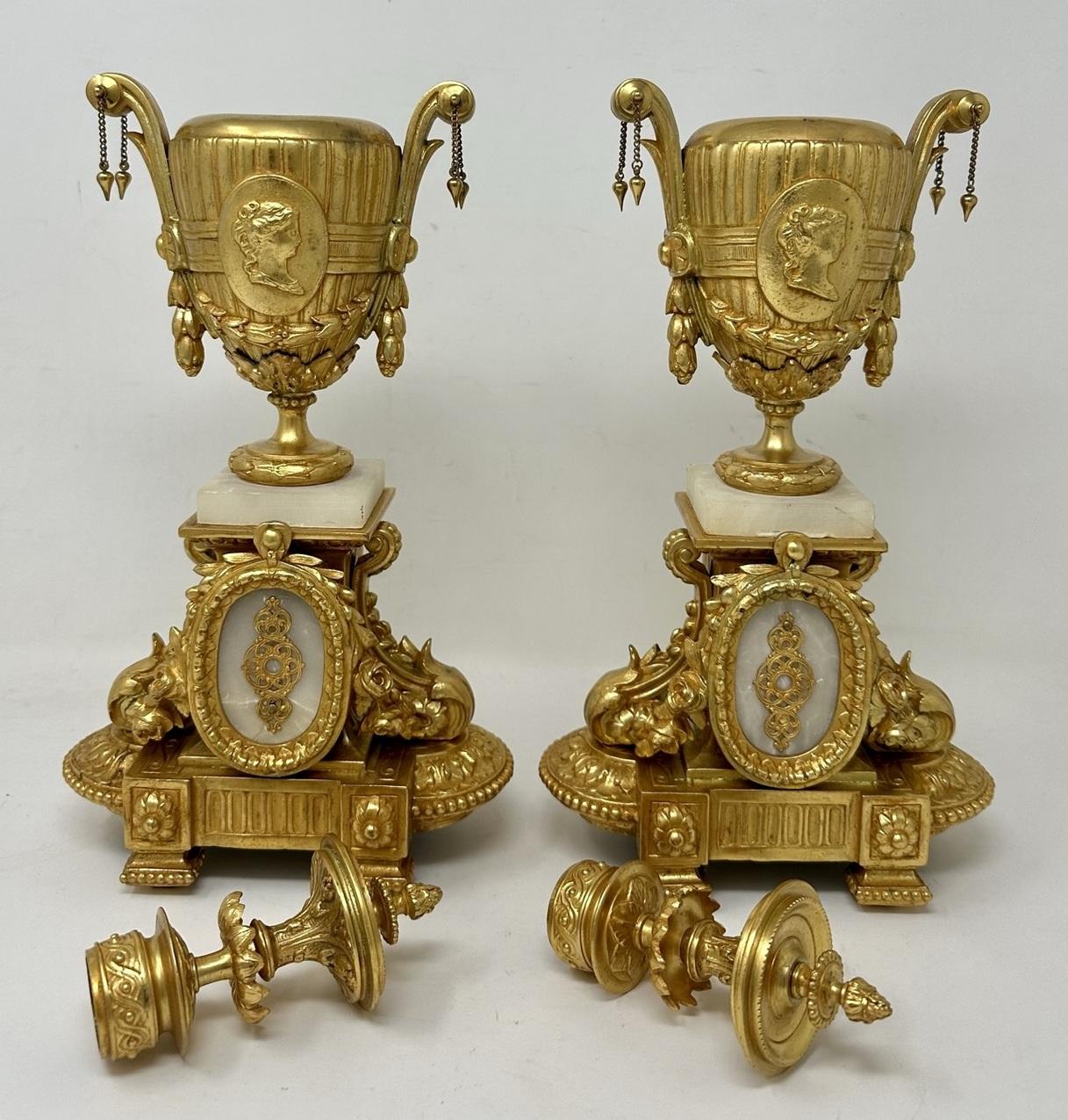 19th Century Antique Pair French Gilt Alabaster Cassolettes Urns Vases Candlesticks Mourey 