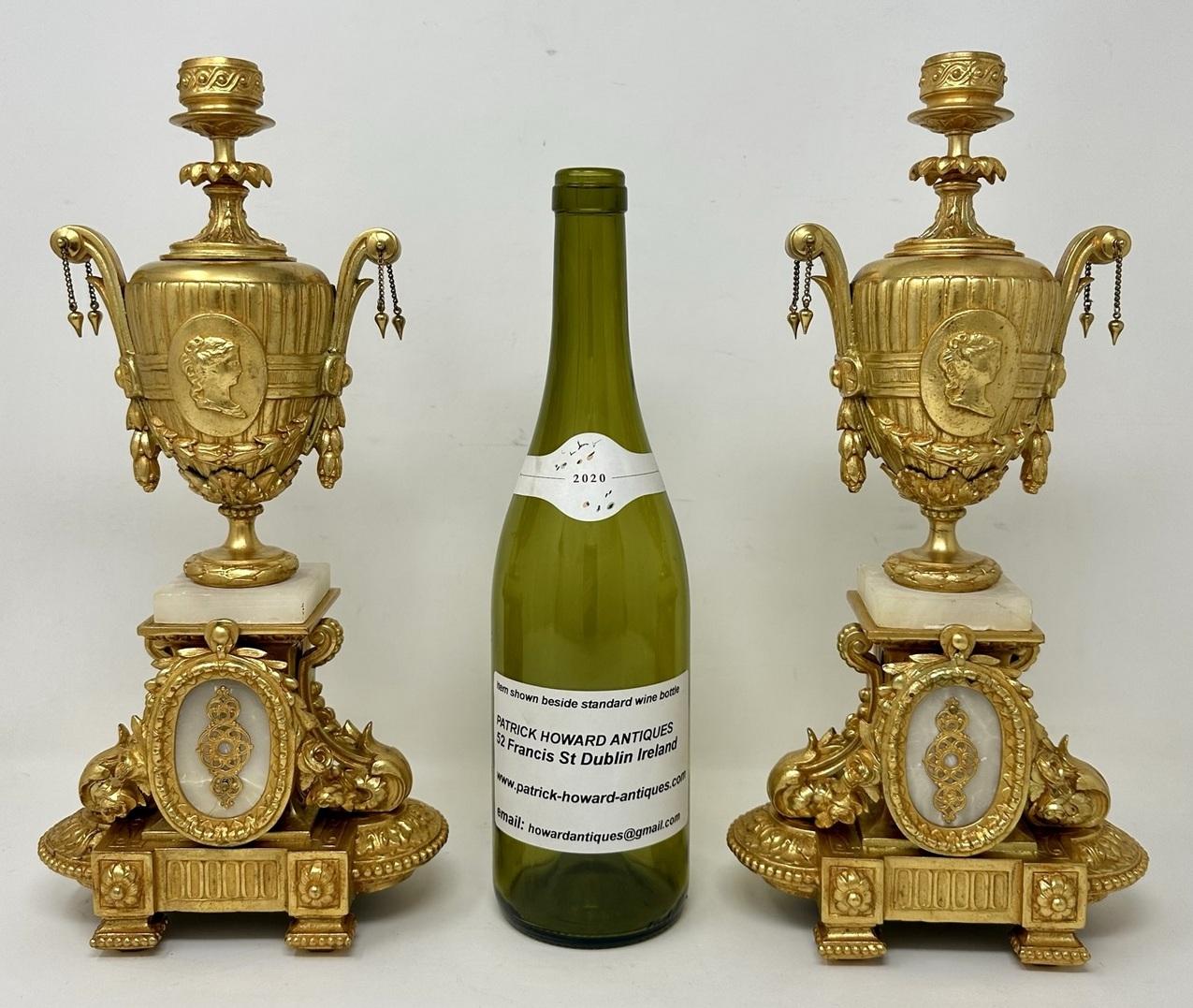 Antique Pair French Gilt Alabaster Cassolettes Urns Vases Candlesticks Mourey  2