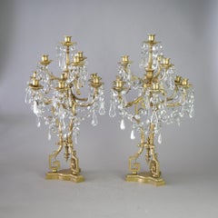 Antique Pair French Gilt Bronze & Crystal Candelabra 19th C