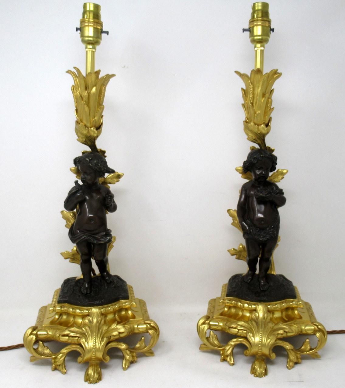 A very fine quality pair of French louis xv inspired patinated and gilt bronze figural candelabra now converted to a pair of electric table Lamps of good size proportions (see last image in-situ) depicting Bacchanal Figures of standing scantily clad