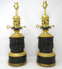 Antique Pair French Gilt Bronze Electric Table Lamps Ormolu Mounts, 19th Century