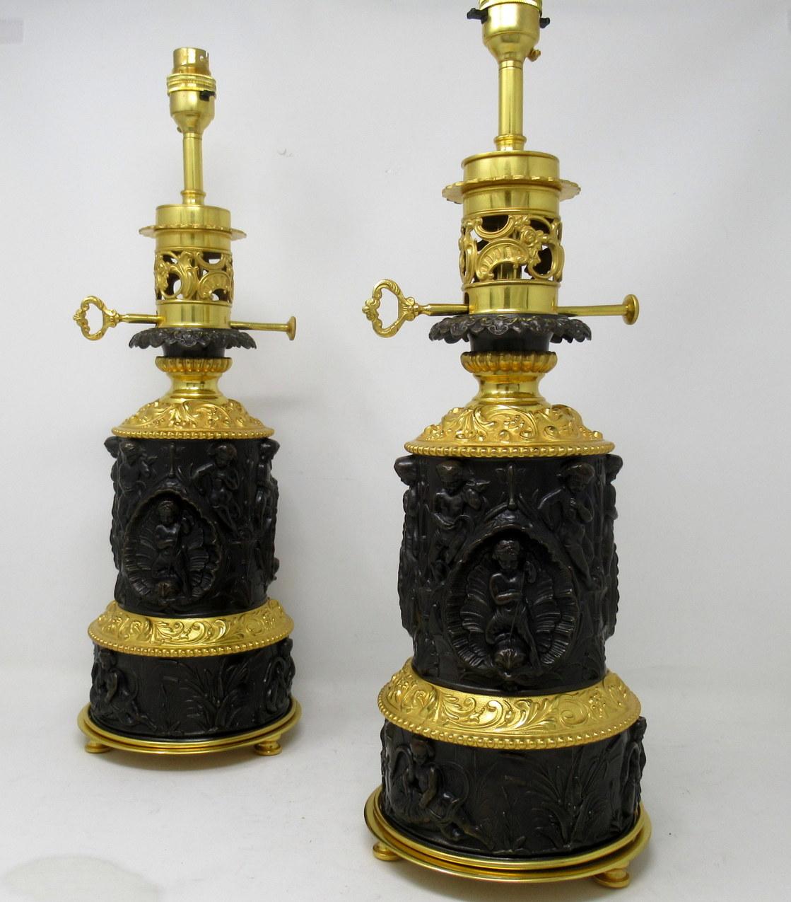 Antique Pair French Gilt Bronze Electric Table Lamps Ormolu Mounts, 19th Century In Good Condition In Dublin, Ireland
