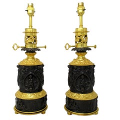 Antique Pair French Gilt Bronze Electric Table Lamps Ormolu Mounts, 19th Century