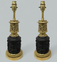 Antique Pair French Gilt Bronze Electric Table Oil Lamps Ormolu Mounts, 19th Ct
