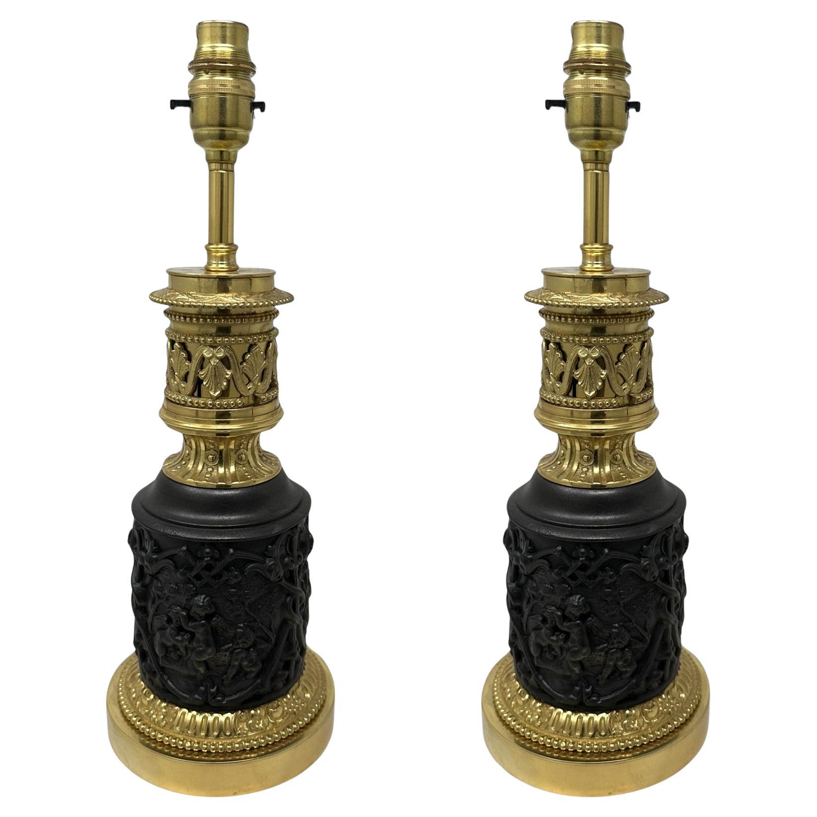 Antique Pair French Gilt Bronze Electric Table Oil Lamps Ormolu Mounts, 19th Ct en vente