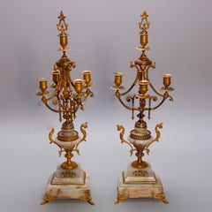Pair of French Gilt Bronze, Onyx and Champleve Figural Candelabra, 19th Century