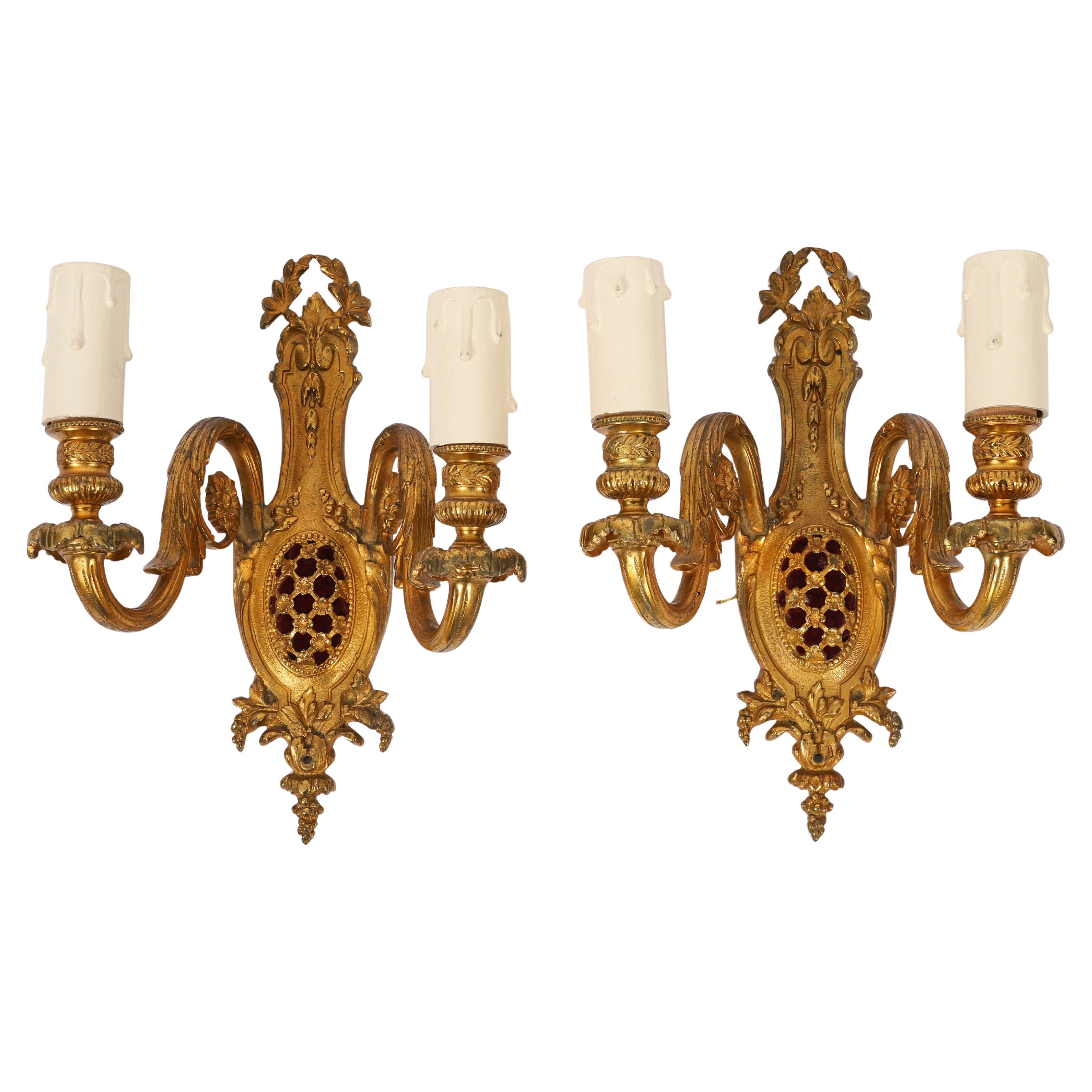 Antique Pair French Gilt Bronze Ormolu Wall Lights Appliques 19th Century For Sale