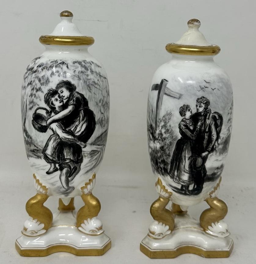 Stunning pair of unusual hand painted glazed porcelain lidded vases of bulbous outline, of Continental origin, possibly one of the factories in the Sevres region in France. Last half of the Nineteenth Century. 
Superbly decorated “en grisaille”