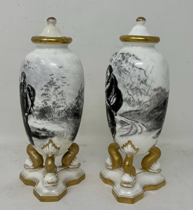 Late Victorian Antique Pair French Gilt Porcelain Vases or Urns En Grisaille Lover Scenes 19ct  For Sale
