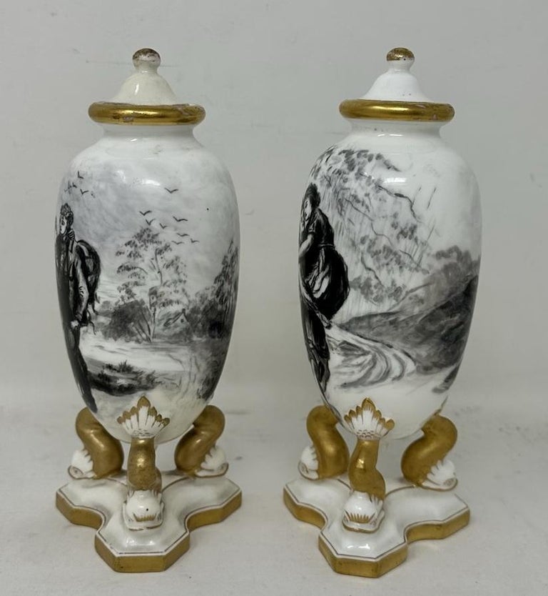 Antique Pair French Gilt Porcelain Vases or Urns En Grisaille Lover