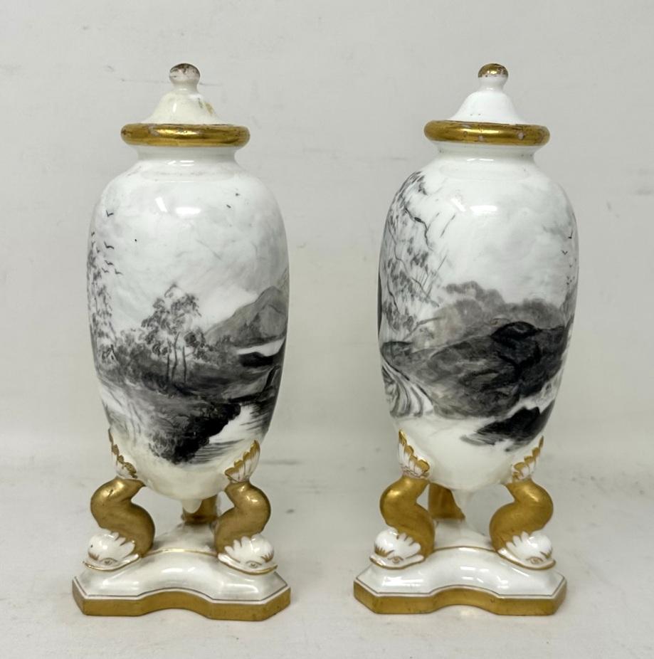 Cast Antique Pair French Gilt Porcelain Vases or Urns En Grisaille Lover Scenes 19ct  For Sale