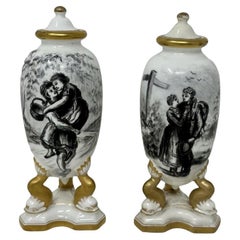 Antique Pair French Gilt Porcelain Vases or Urns En Grisaille Lover Scenes 19ct 