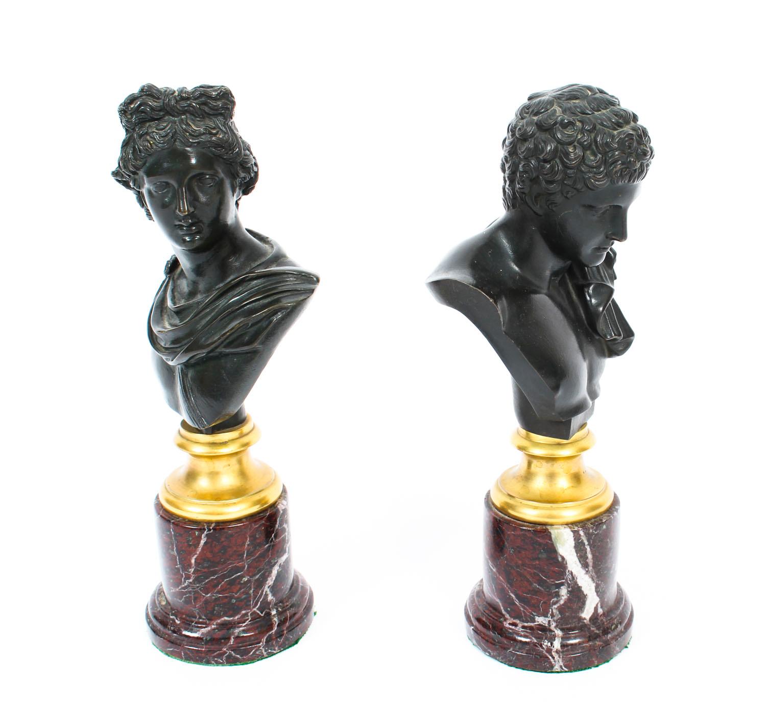 Antique Pair of French Grand Tour Bronze Busts Mercury & Apollo, 19th Century 8