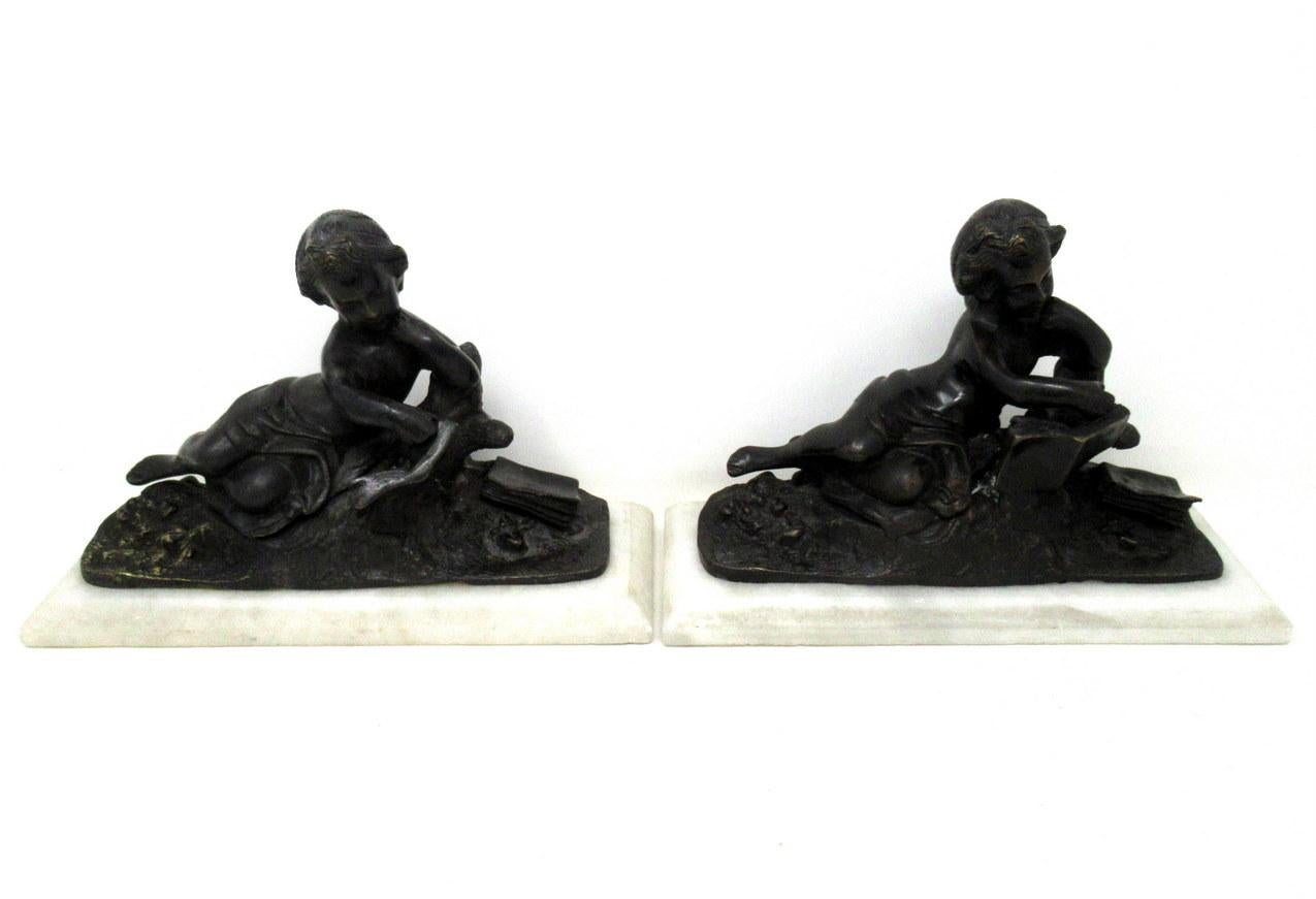 Antique Pair of French Grand Tour Bronze Marble Cherubs Figures Putti Bookends For Sale 5