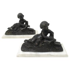 Antique Pair of French Grand Tour Bronze Marble Cherubs Figures Putti Bookends