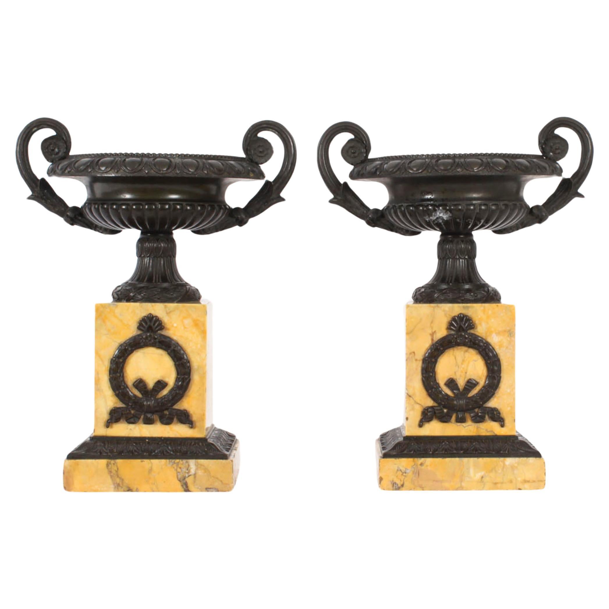 Antique Pair French Grand Tour Bronze & Siena Marble Tazze 19th Century For Sale