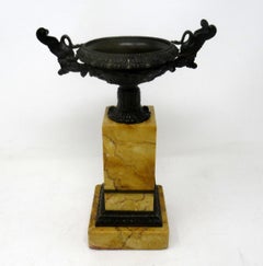 Antique Pair of Grand Tour Empire Bronze Dore Sienna Marble Tazza Urns Vases