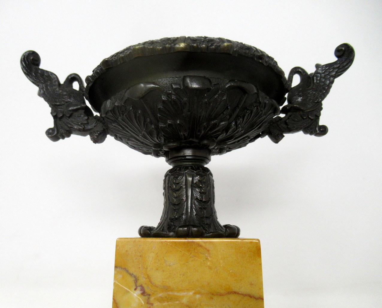 Cast Antique Pair of Grand Tour Empire Bronze Dore Sienna Marble Tazza Urns Vases