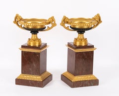 Antique Pair French Grand Tour Ormolu, Bronze & Marble Tazzas 19th Century
