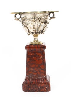 Antique Pair French Grand Tour Silvered Bronze Pedestal Urns, 19th Century