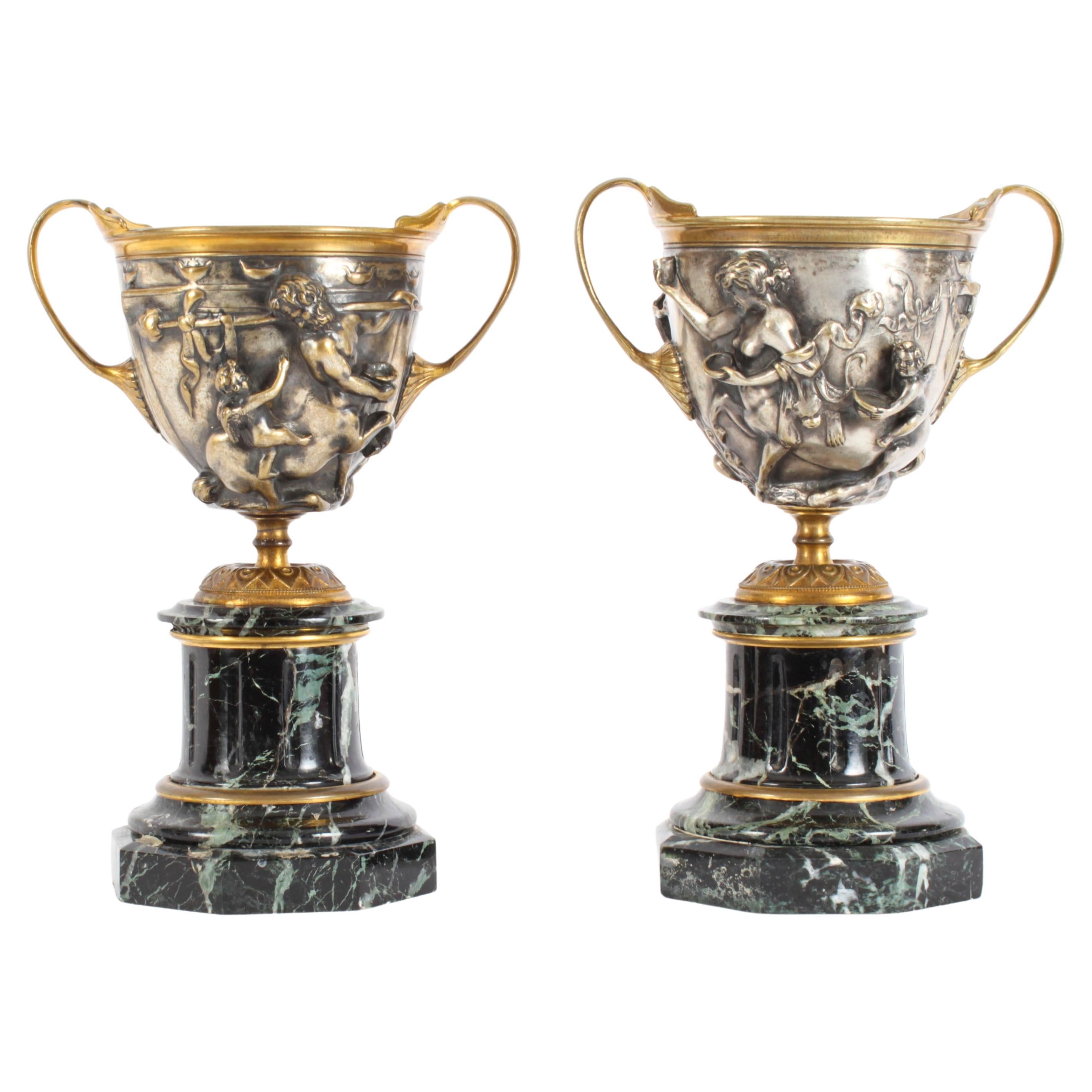 Antique Pair French Grand Tour Silvered Bronze Pedestal Urns 19th Century For Sale